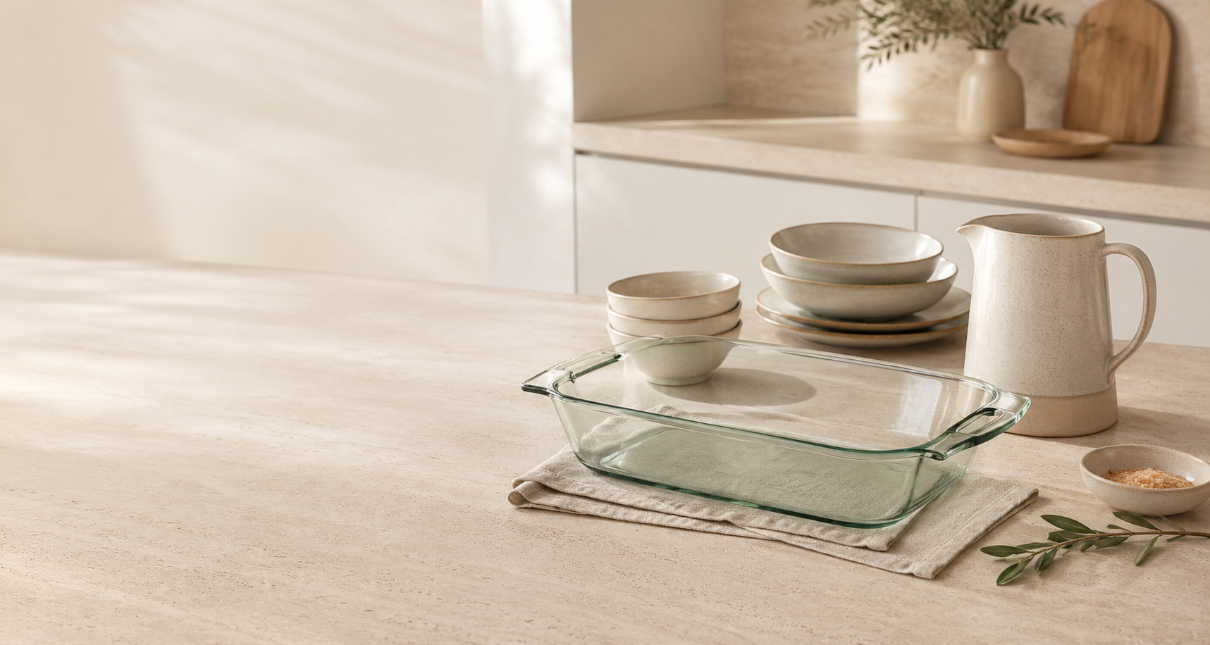 Modern glass and ceramic kitchenware in a warm minimalist kitchen